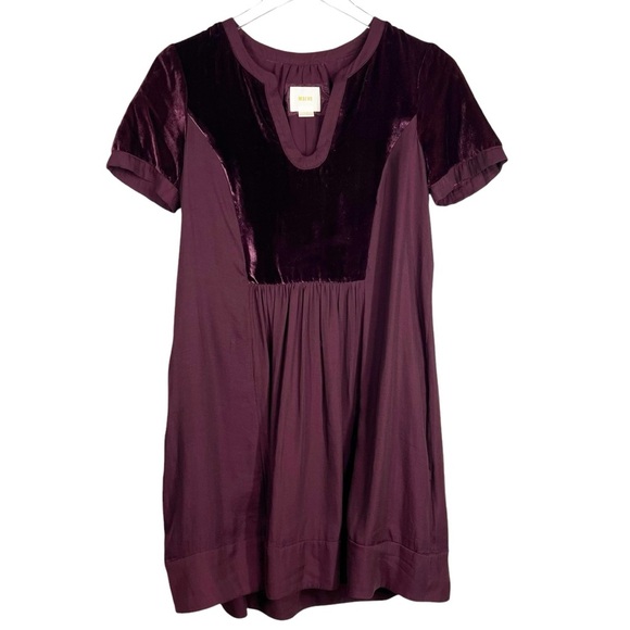MAEVE Ingrid Plum colored Velvet Trimmed Short Sleeve Mini Dress Size XS - Picture 1 of 10